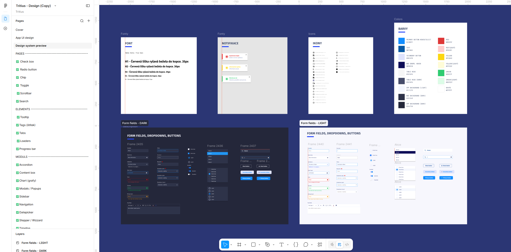 The design system built alongside the UI redesign: typography, colour tokens, icons, and form components in both light and dark themes